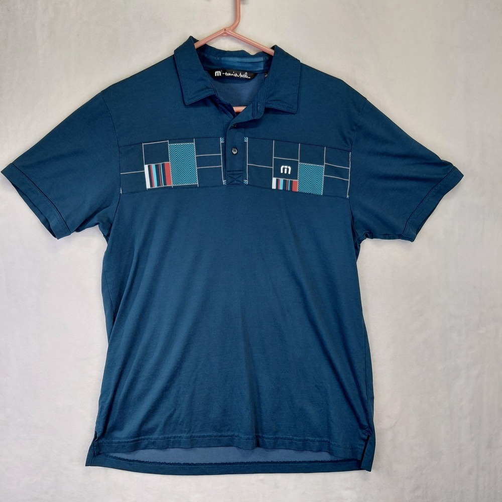 TravisMathew Mens Large Teal Blue Geometric Chest Graphic Performance Golf Polo